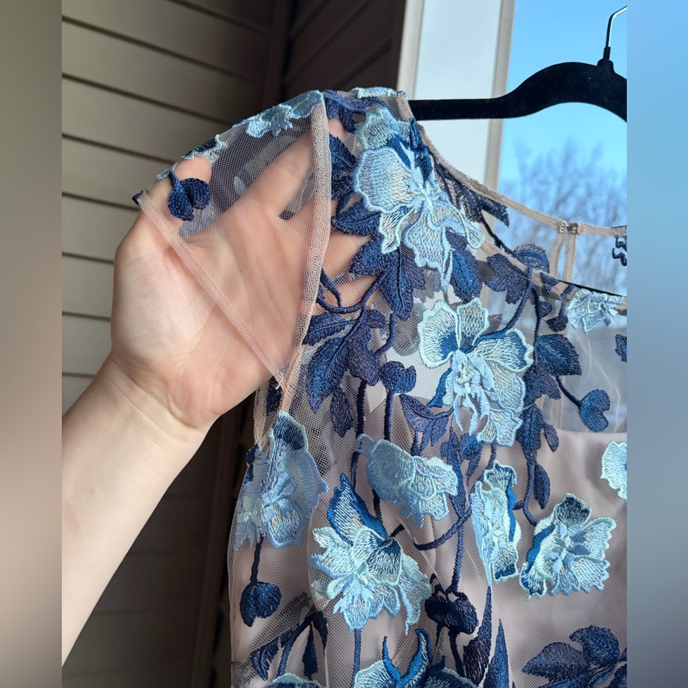 🆕 Adrianna Papell Nude & Blue Embroidered Mesh Gown Floral Column Dress Size 4 - Picture 11 of 17